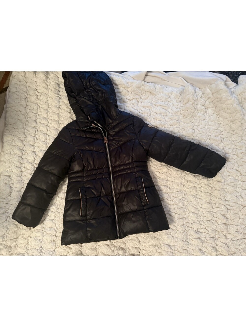 Michael Kors Girls 5/6 Puffer Jacket Hood Fleece Lined Full Zip Black - Picture 8 of 9